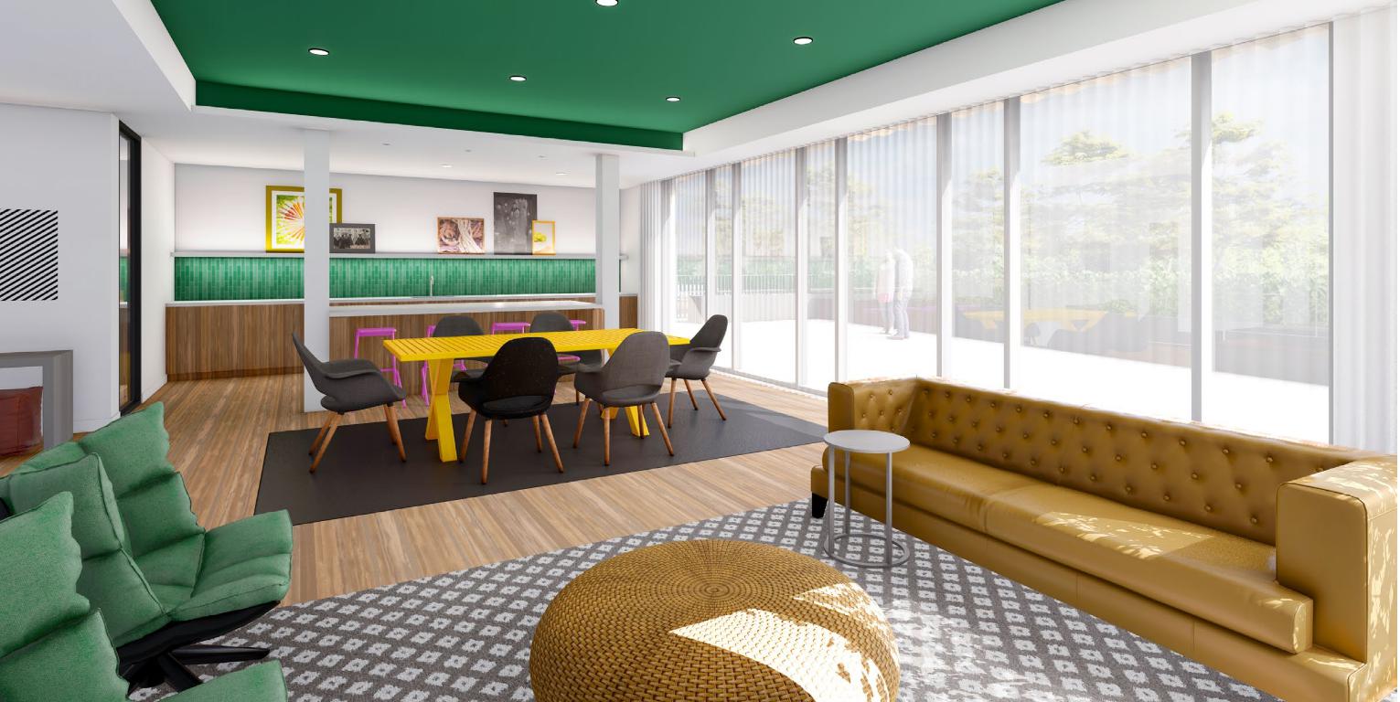 Community Room amenity at Harbourline with a cooking area, table seating, and lounge seating